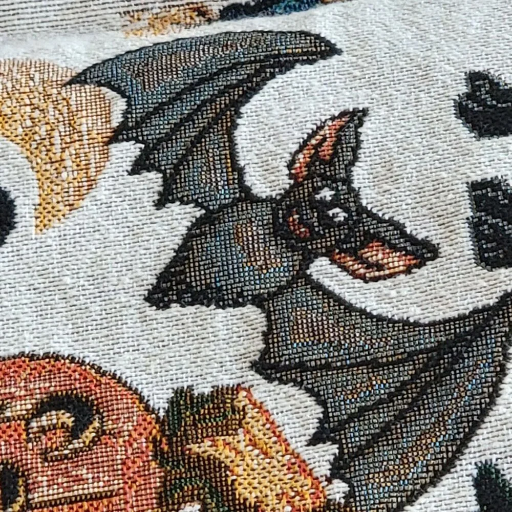 Vtg Halloween-Themed Tapestry Table Runner With Black Tassel Ends - Picture 4 of 11